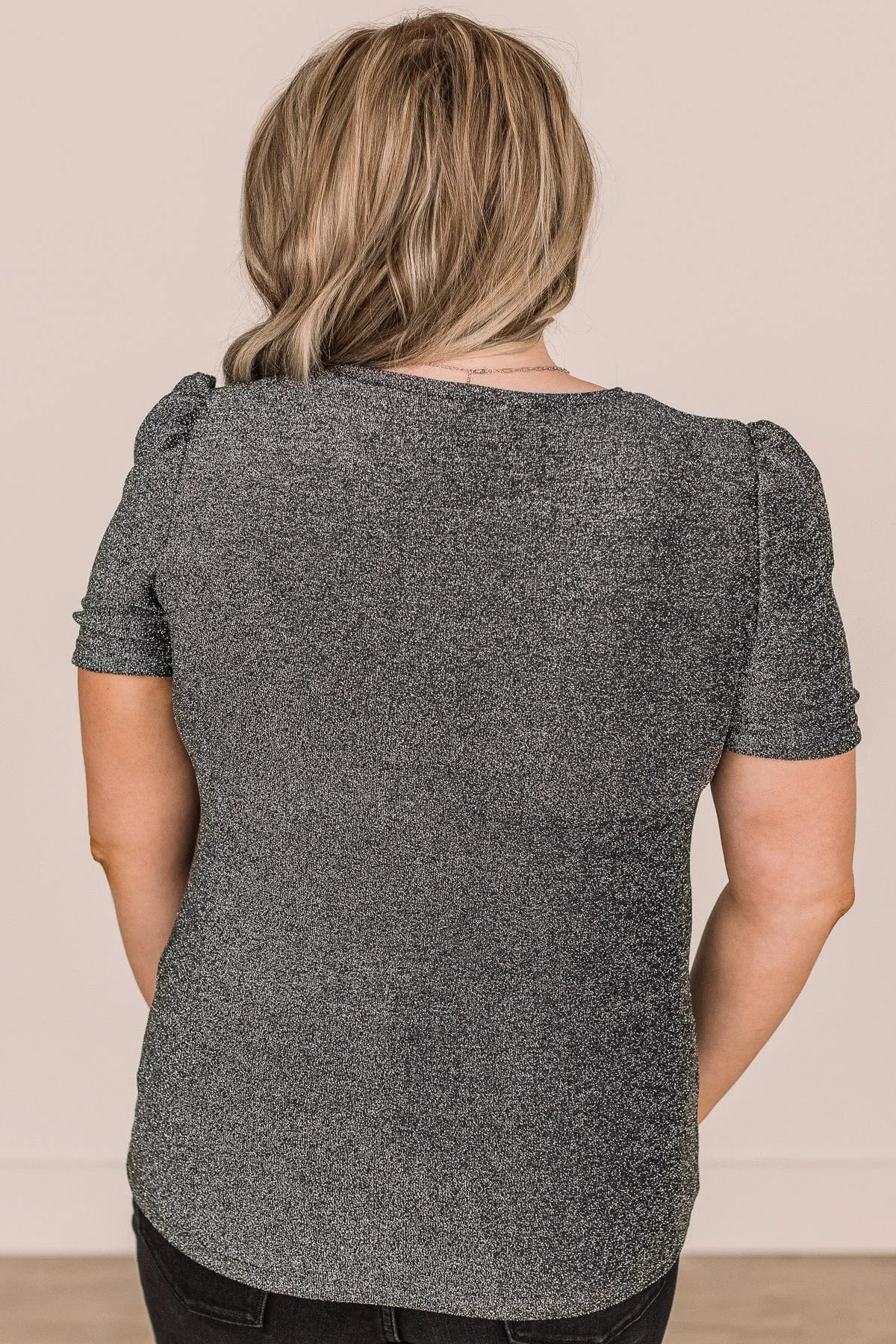 Own The Evening Short Sleeve Shimmer Top- Charcoal