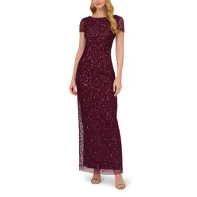 Papell Boutique Sequin Womens Short Sleeve Beaded Evening Gown