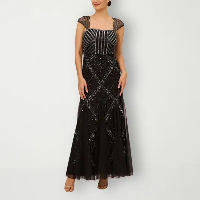 Papell Boutique Womens Short Sleeve Beaded Evening Gown