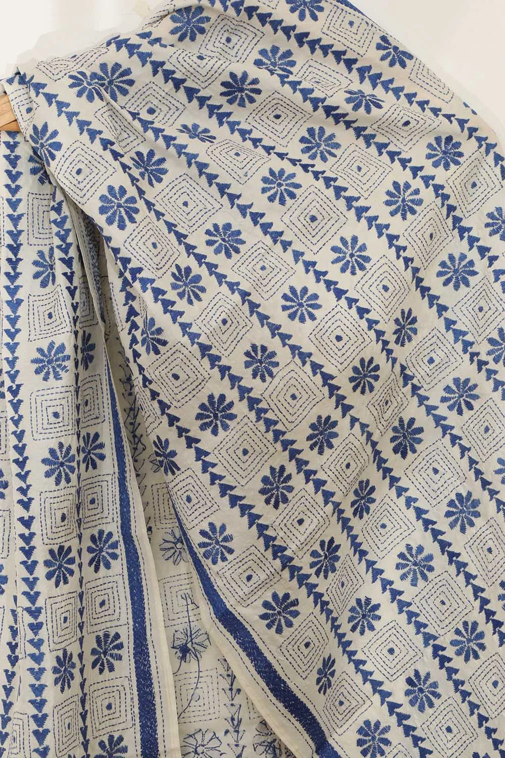 Pastel And Blue Kantha Tussar Silk Stole with Hand Embroidery