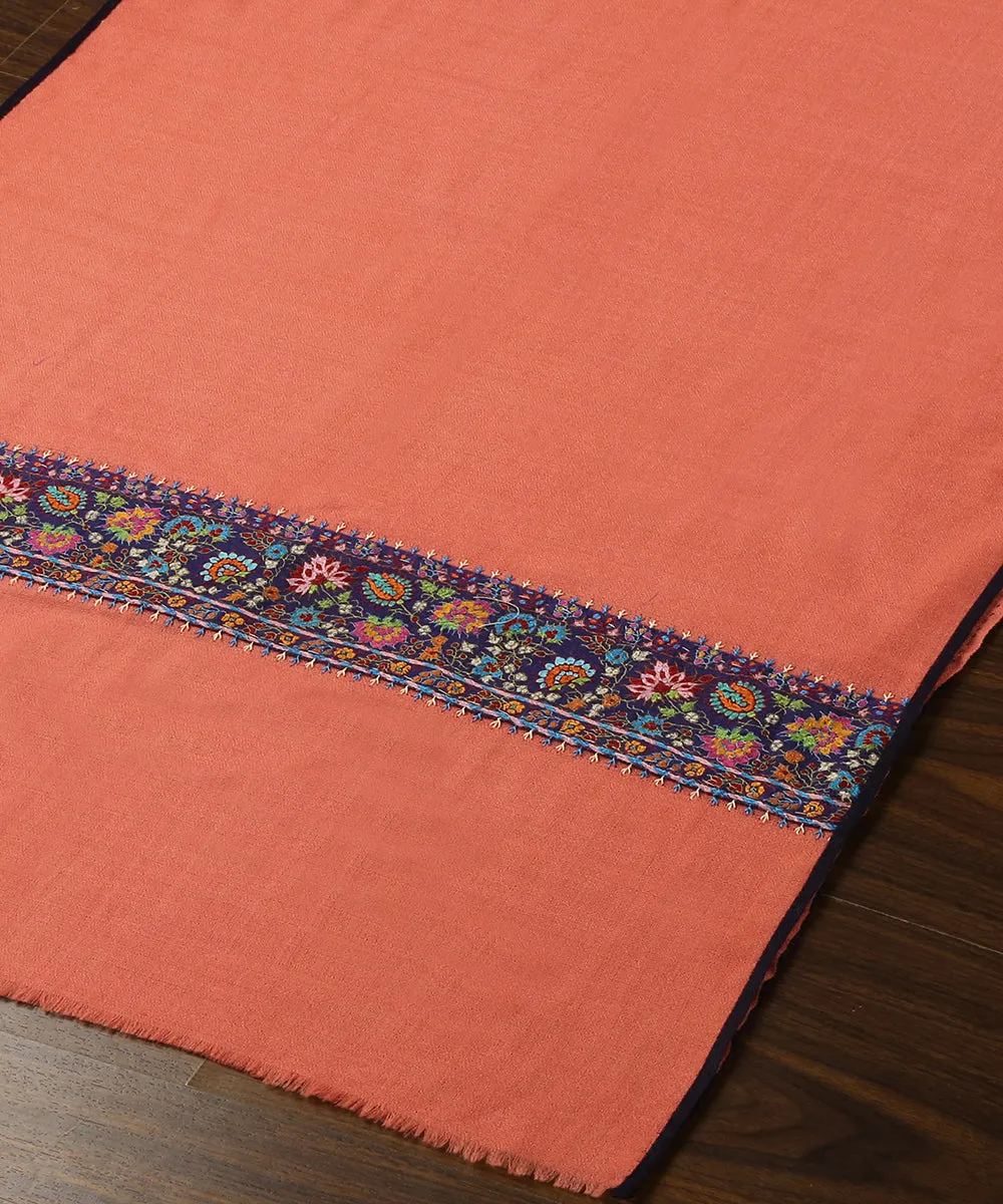 Peach Handwoven Pure Pashmina Stole With Hand Appliqued Kashidakari Border