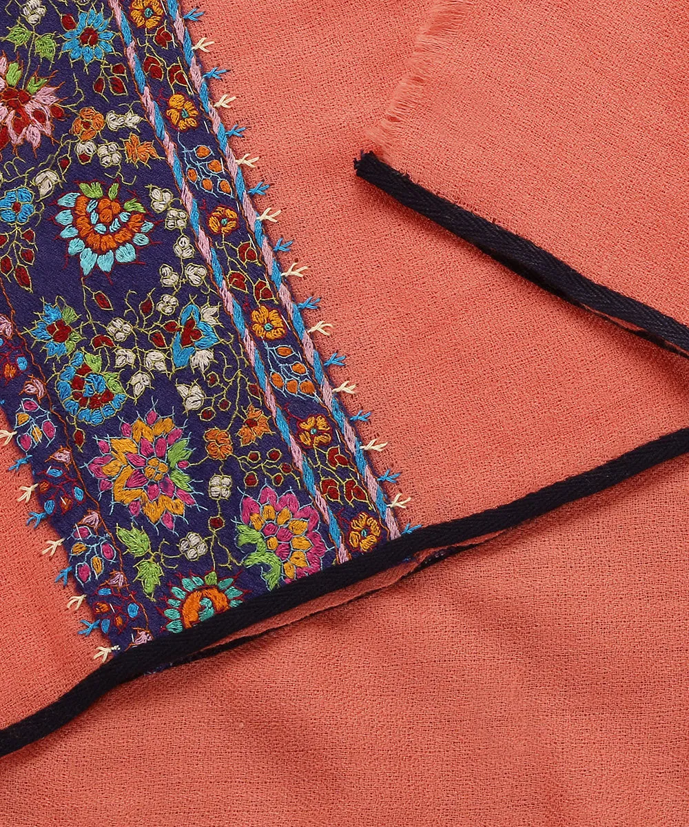 Peach Handwoven Pure Pashmina Stole With Hand Appliqued Kashidakari Border