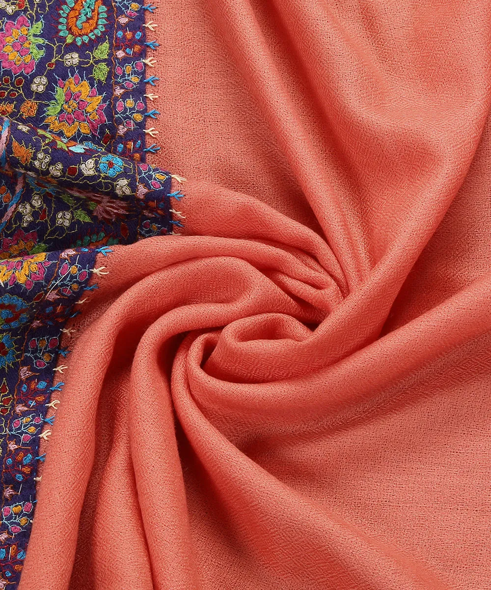 Peach Handwoven Pure Pashmina Stole With Hand Appliqued Kashidakari Border