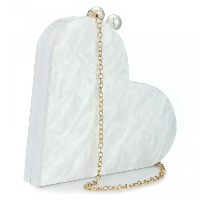 Pearl White Heart Acrylic Clutch