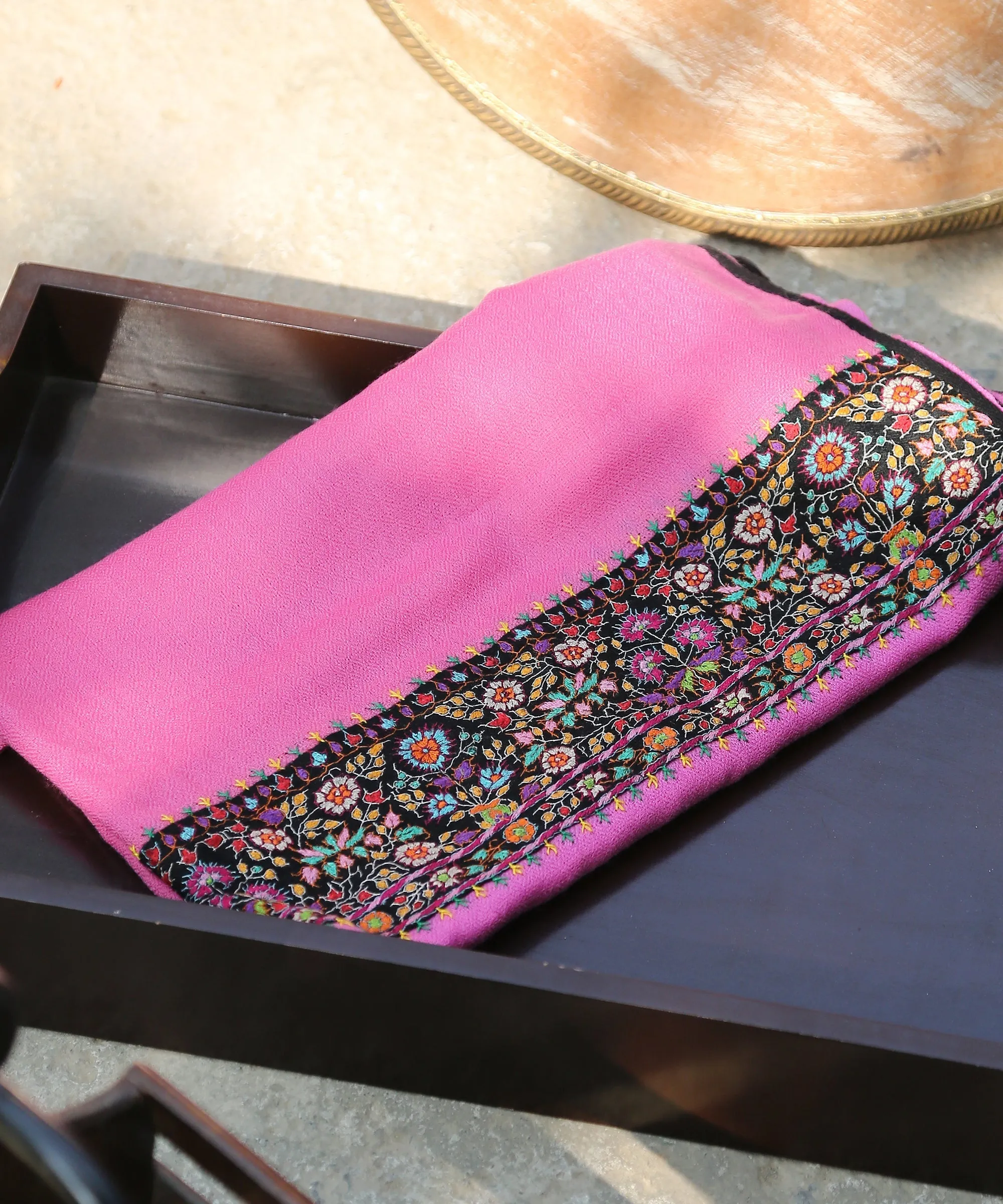 Pink Handwoven Pure Pashmina Stole With Hand Appliqued Kashidakari Border