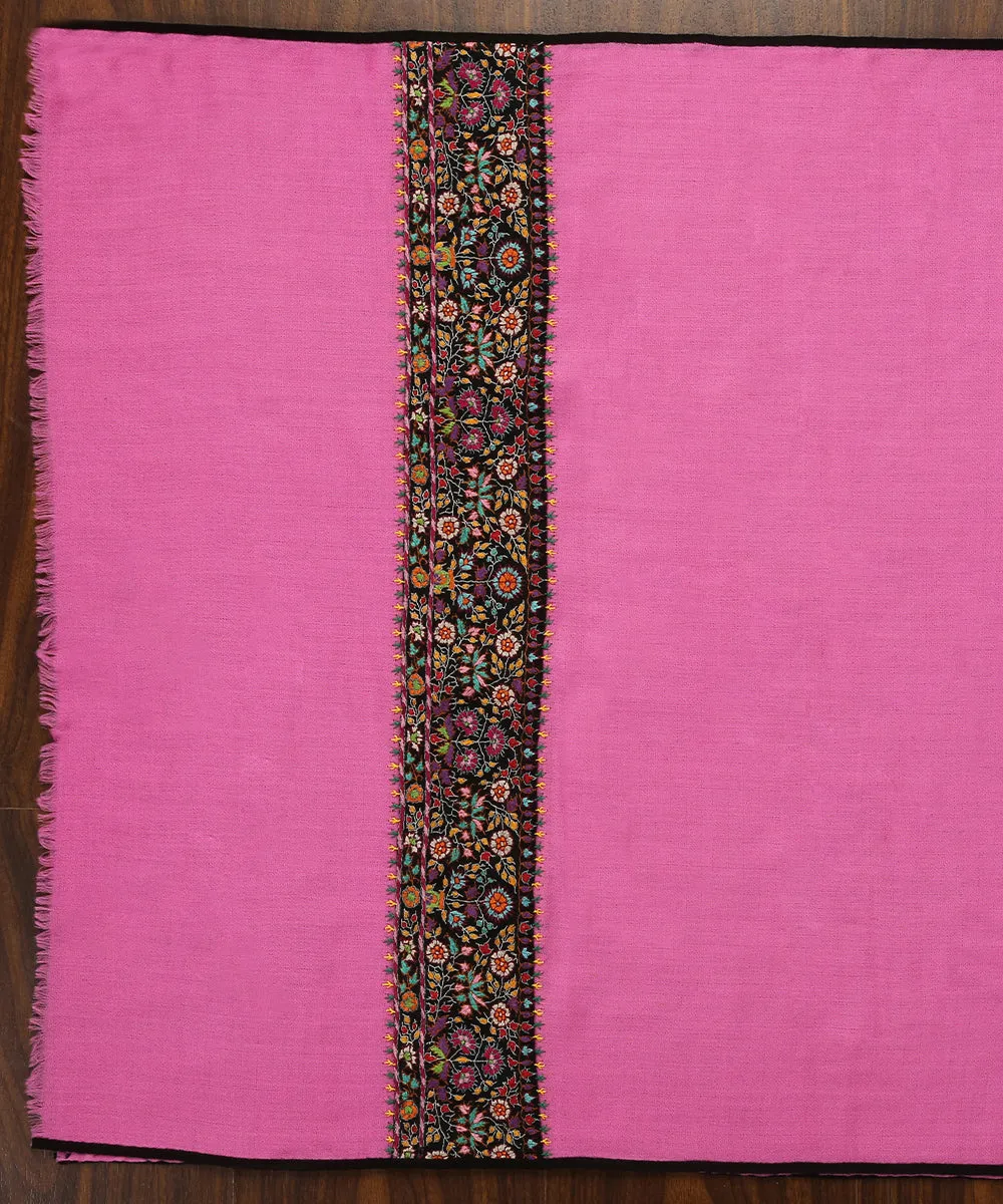 Pink Handwoven Pure Pashmina Stole With Hand Appliqued Kashidakari Border