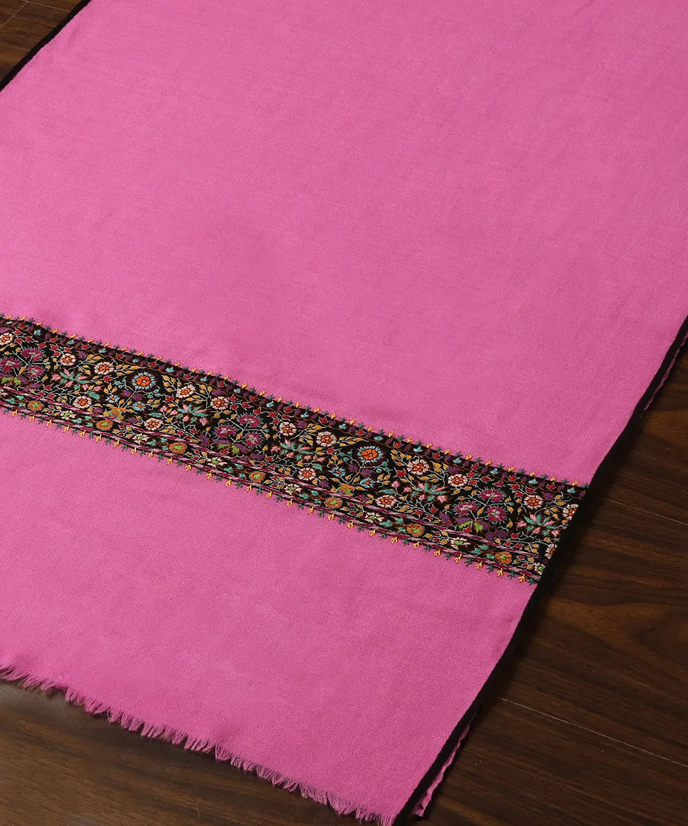 Pink Handwoven Pure Pashmina Stole With Hand Appliqued Kashidakari Border