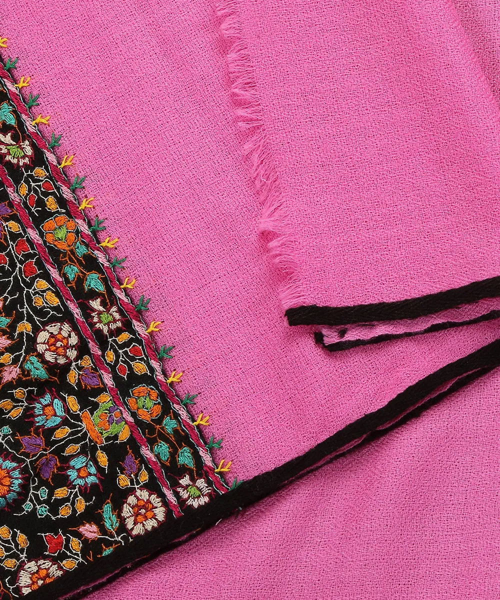 Pink Handwoven Pure Pashmina Stole With Hand Appliqued Kashidakari Border