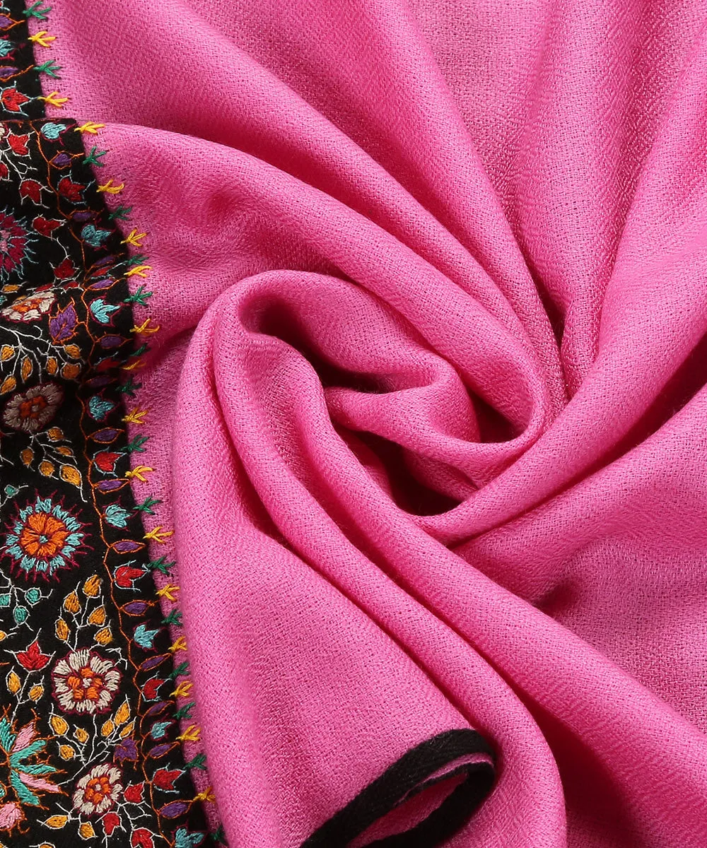 Pink Handwoven Pure Pashmina Stole With Hand Appliqued Kashidakari Border