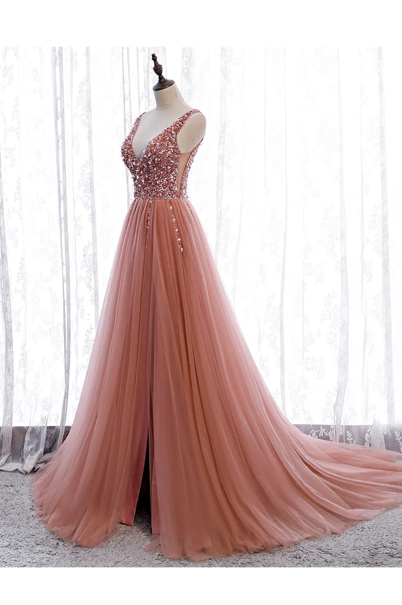 Pink Long Sparkle Beaded Tulle Slit Prom Dress,Pink V-neckline Evening Gown