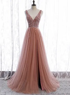 Pink Long Sparkle Beaded Tulle Slit Prom Dress,Pink V-neckline Evening Gown