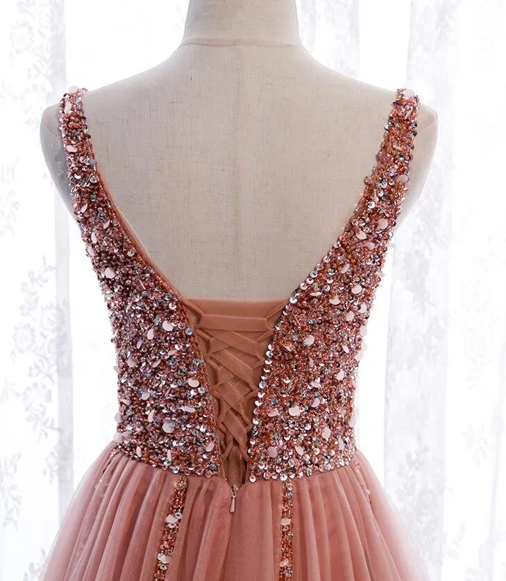 Pink Long Sparkle Beaded Tulle Slit Prom Dress,Pink V-neckline Evening Gown