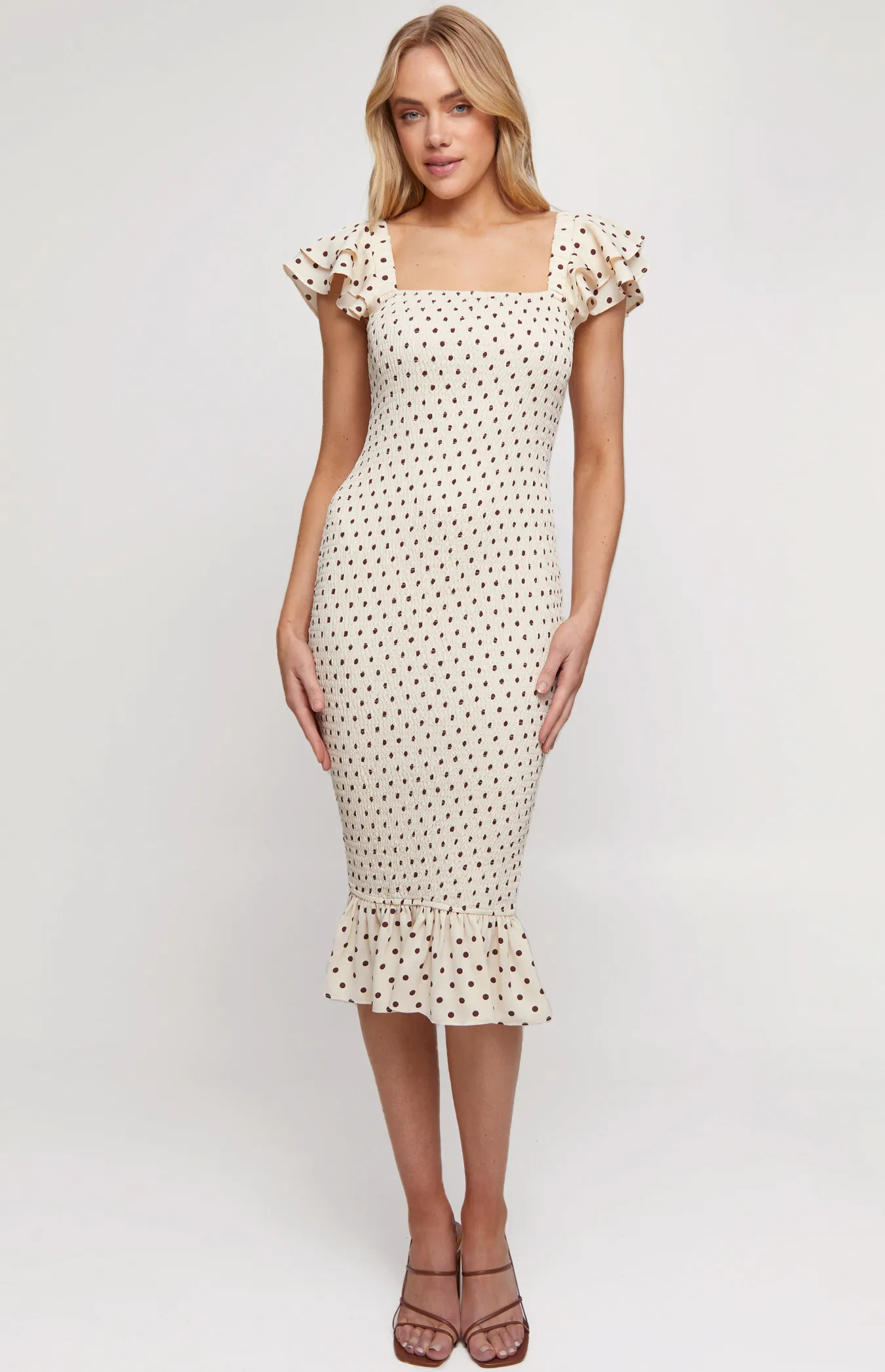 Polka Dot Shirred Midi Dress with Layered Frill Sleeves (SDR1297A)