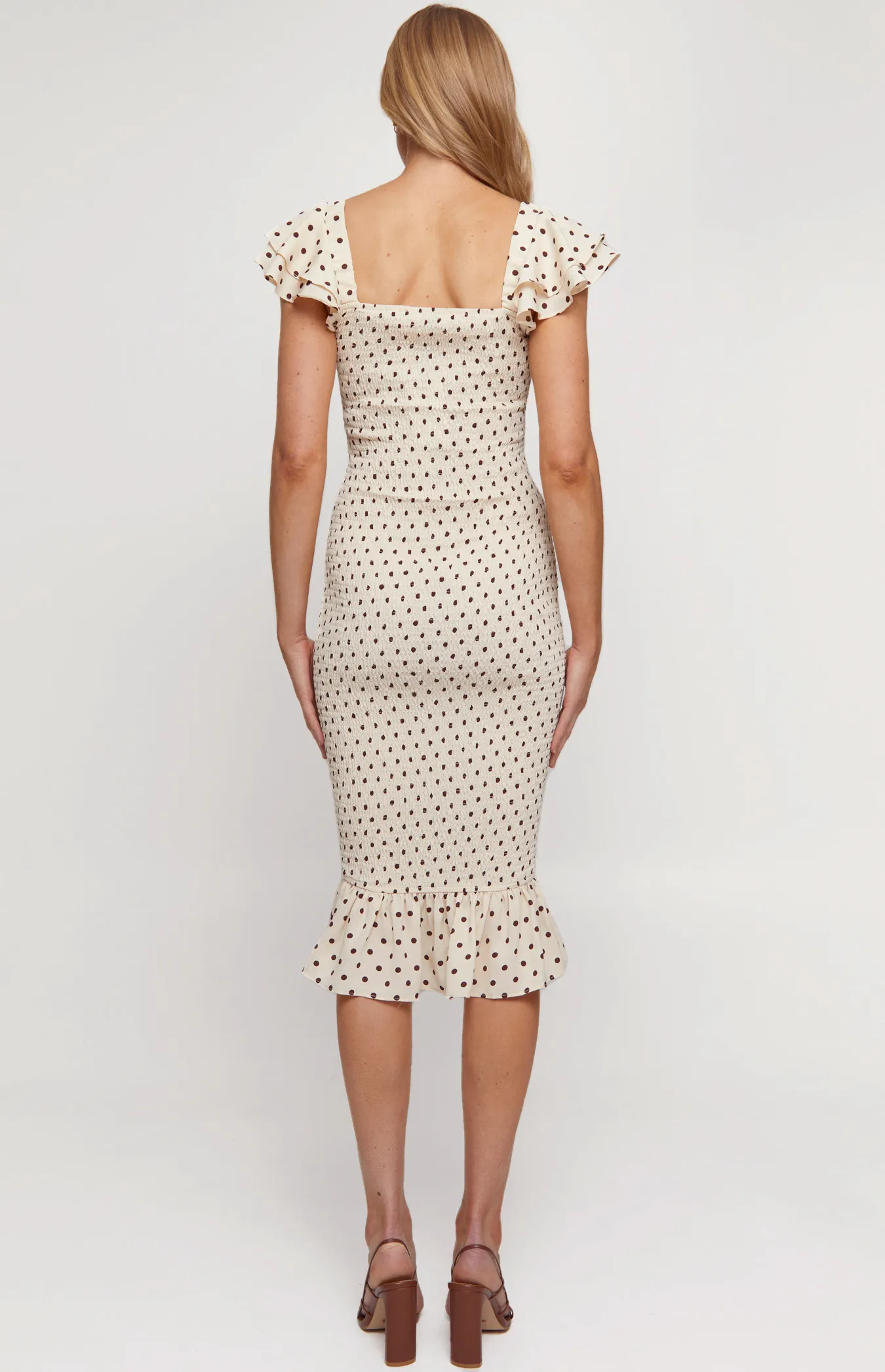 Polka Dot Shirred Midi Dress with Layered Frill Sleeves (SDR1297A)