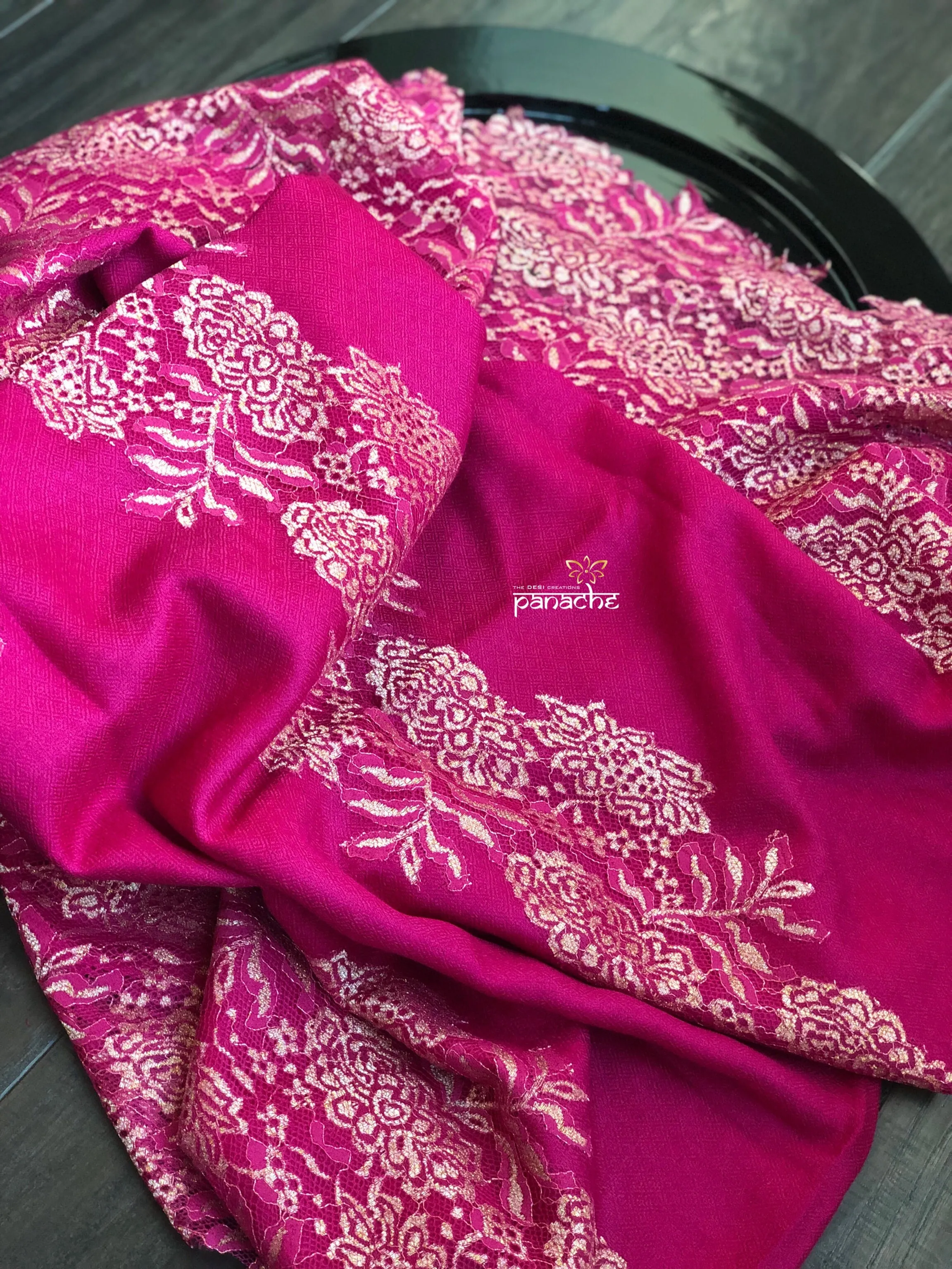 Pure Pashmina Lace Stole - Magenta