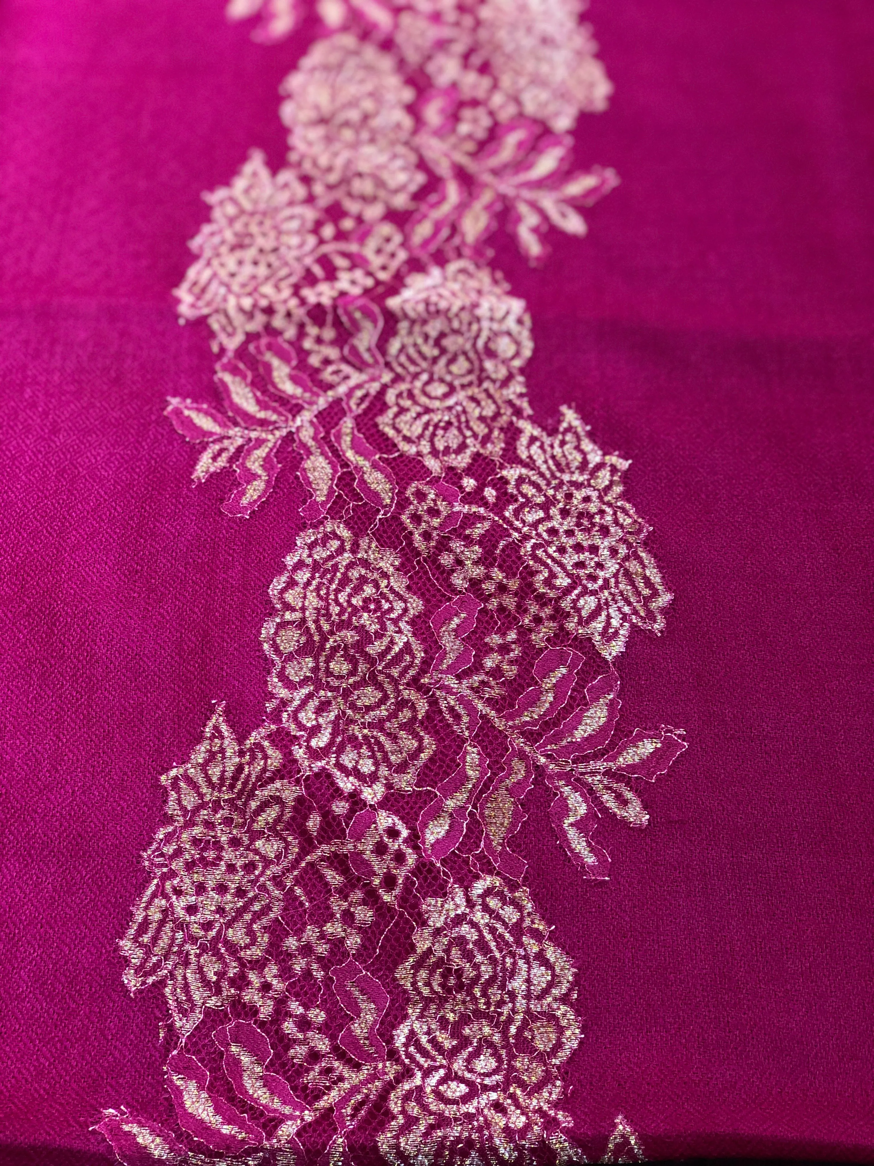 Pure Pashmina Lace Stole - Magenta