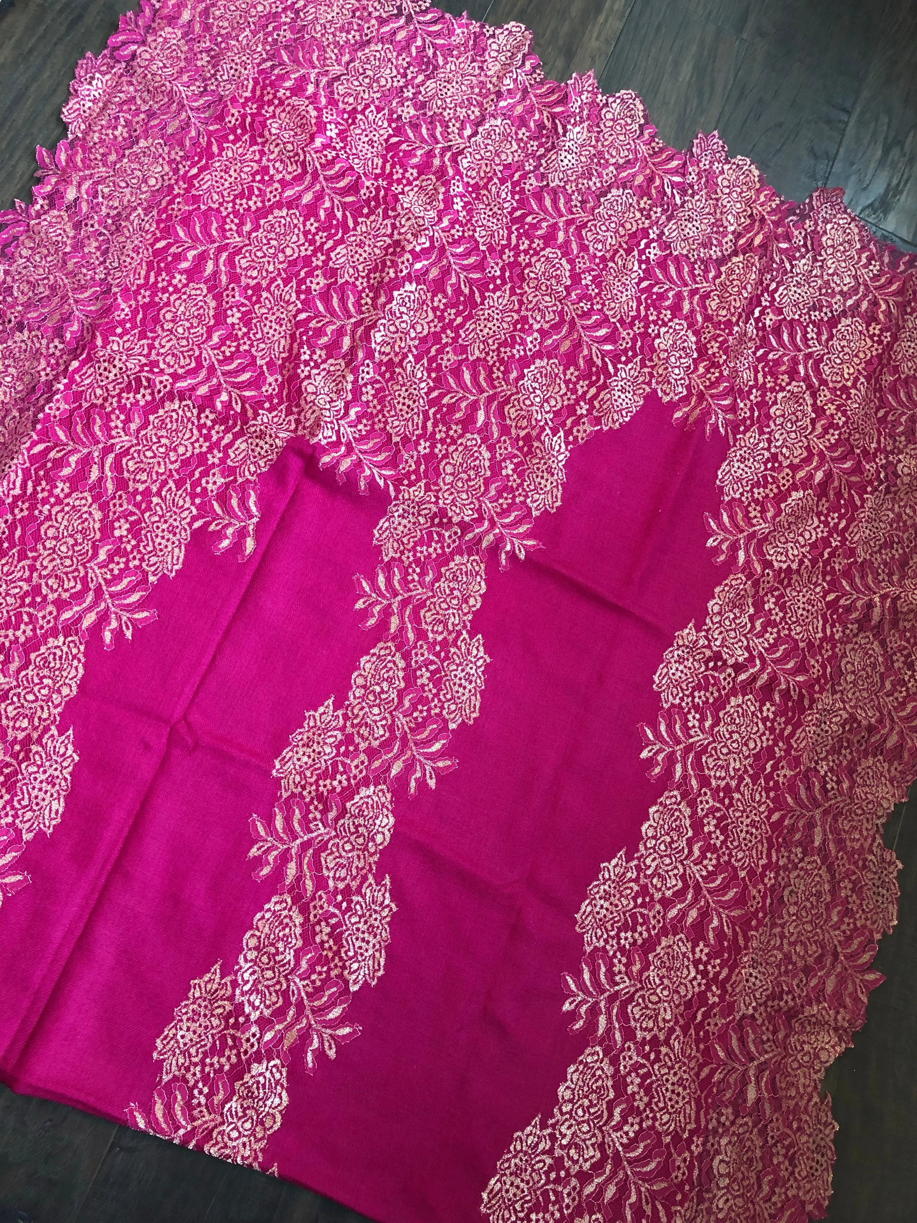 Pure Pashmina Lace Stole - Magenta