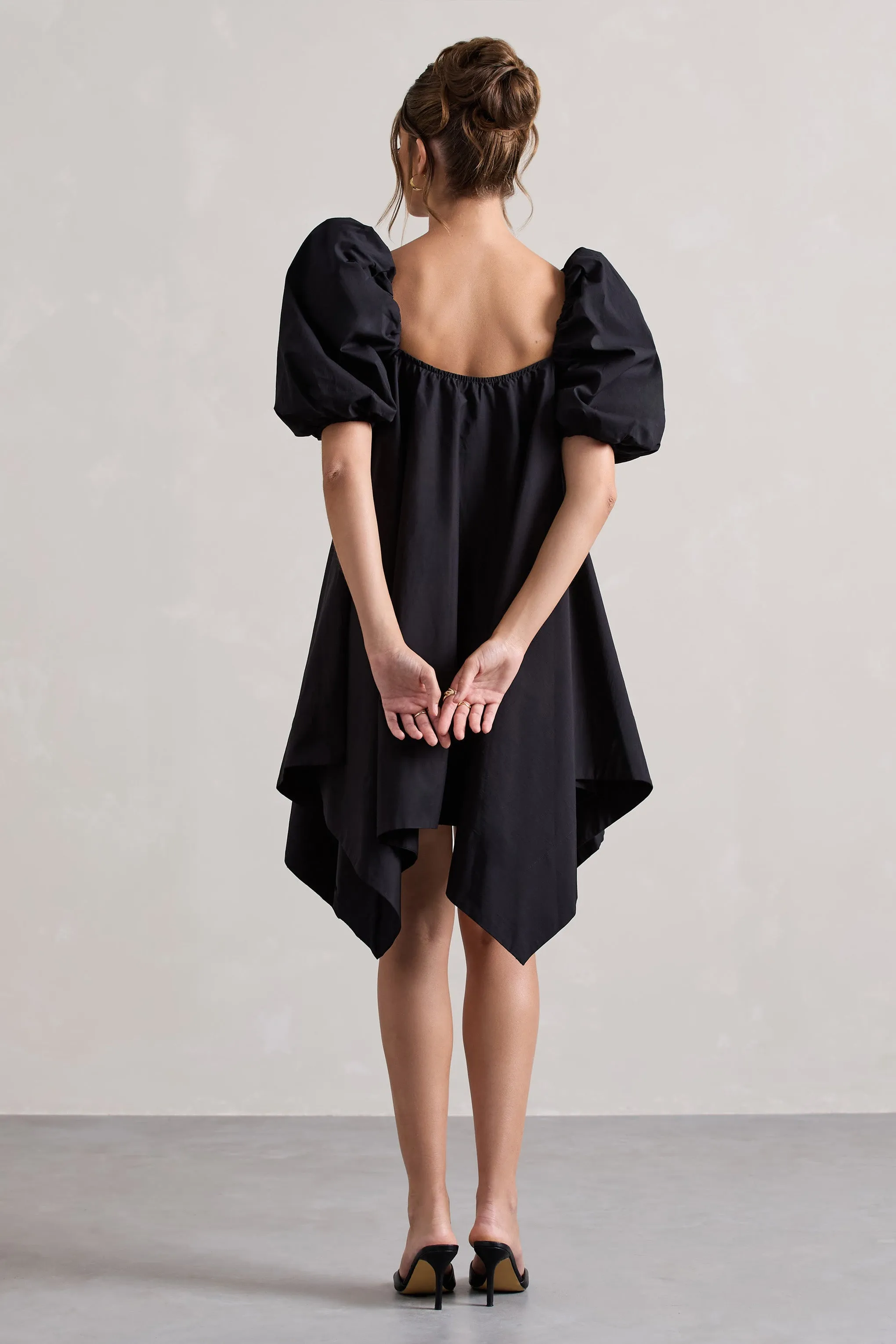 Raindrop | Black Poplin Puff-Sleeve Draped Mini Dress