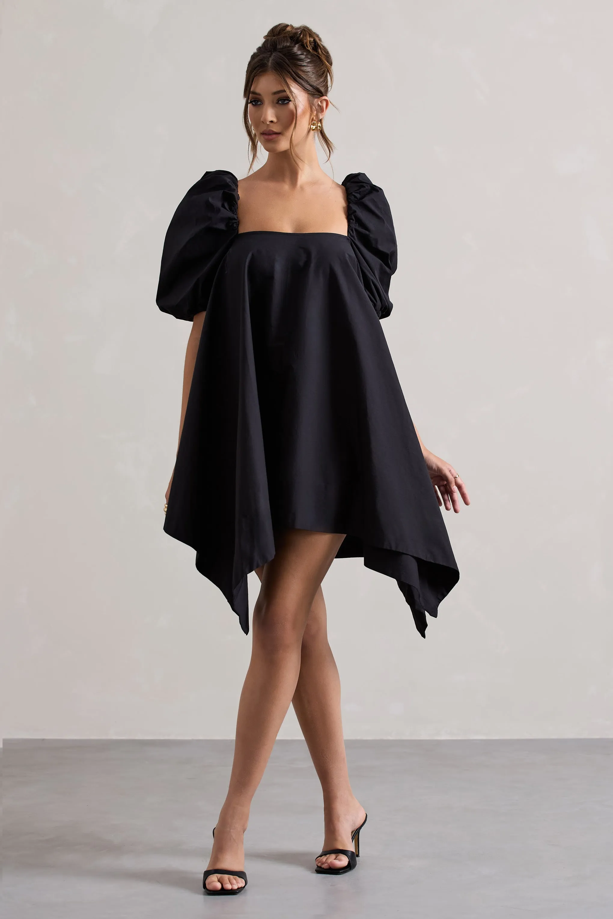 Raindrop | Black Poplin Puff-Sleeve Draped Mini Dress