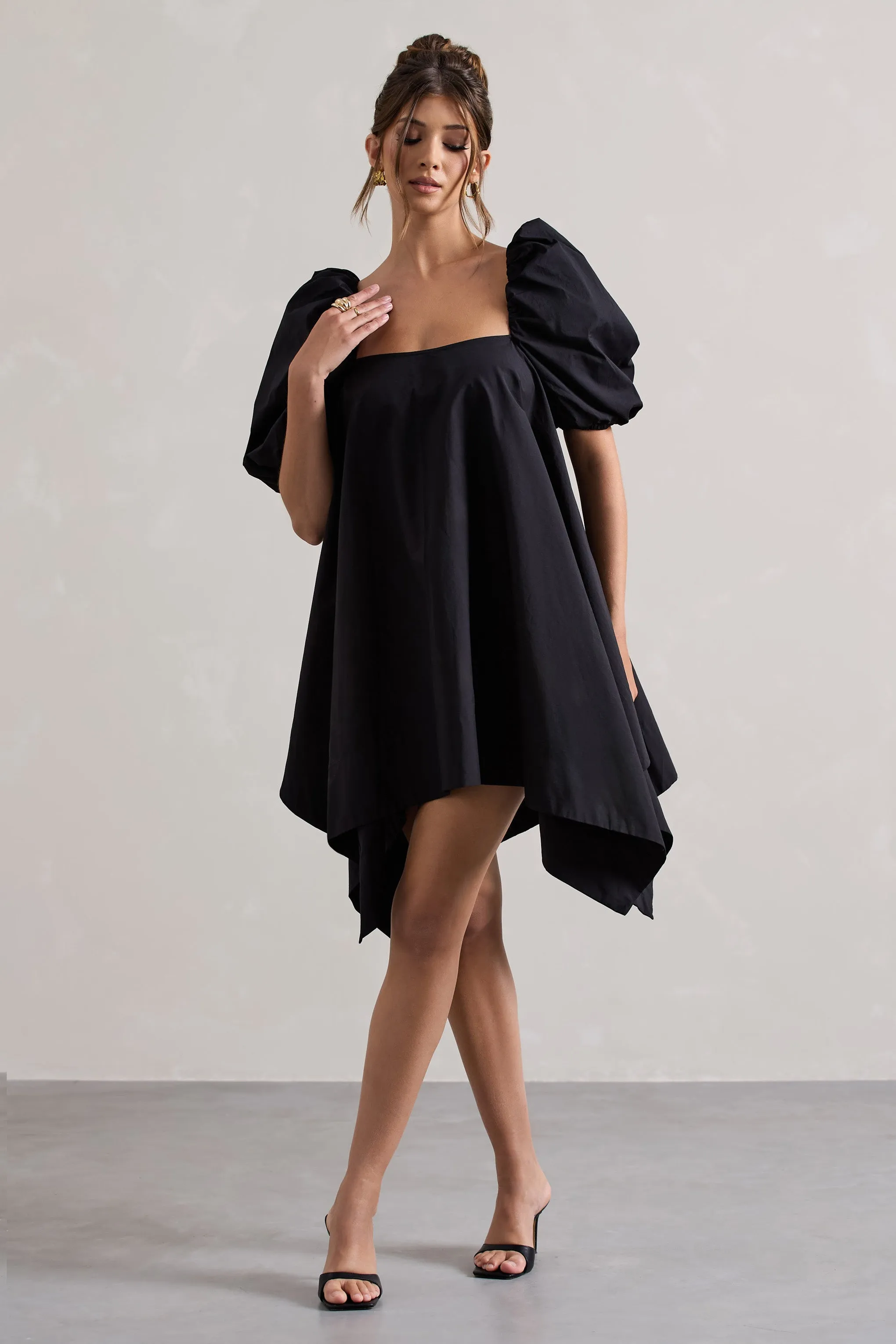 Raindrop | Black Poplin Puff-Sleeve Draped Mini Dress