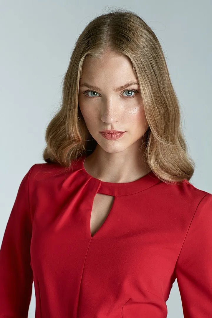 Red 3/4 sleeves flared cocktail dress