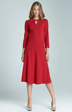 Red 3/4 sleeves flared cocktail dress