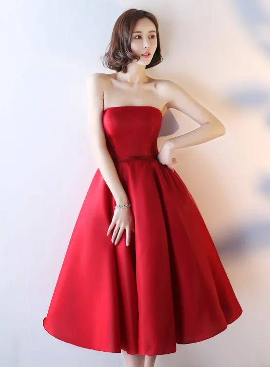 Red Satin Vintage Style Tea Length Evening Gown, Wedding Party Dress