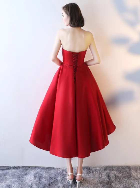 Red Satin Vintage Style Tea Length Evening Gown, Wedding Party Dress