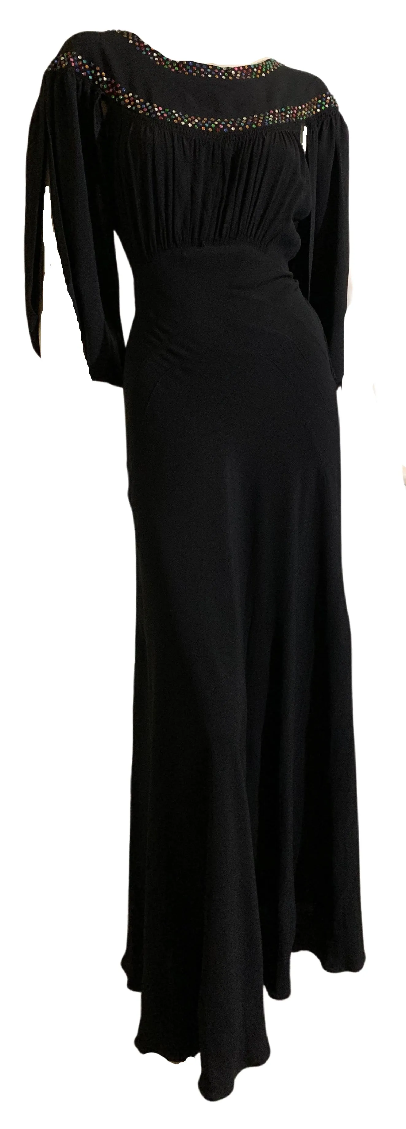 RESERVED Rainbow Vamp! Black Crepe Evening Gown with Rainbow Rhinestones and Side Slit Sleeves and Back circa 1930s