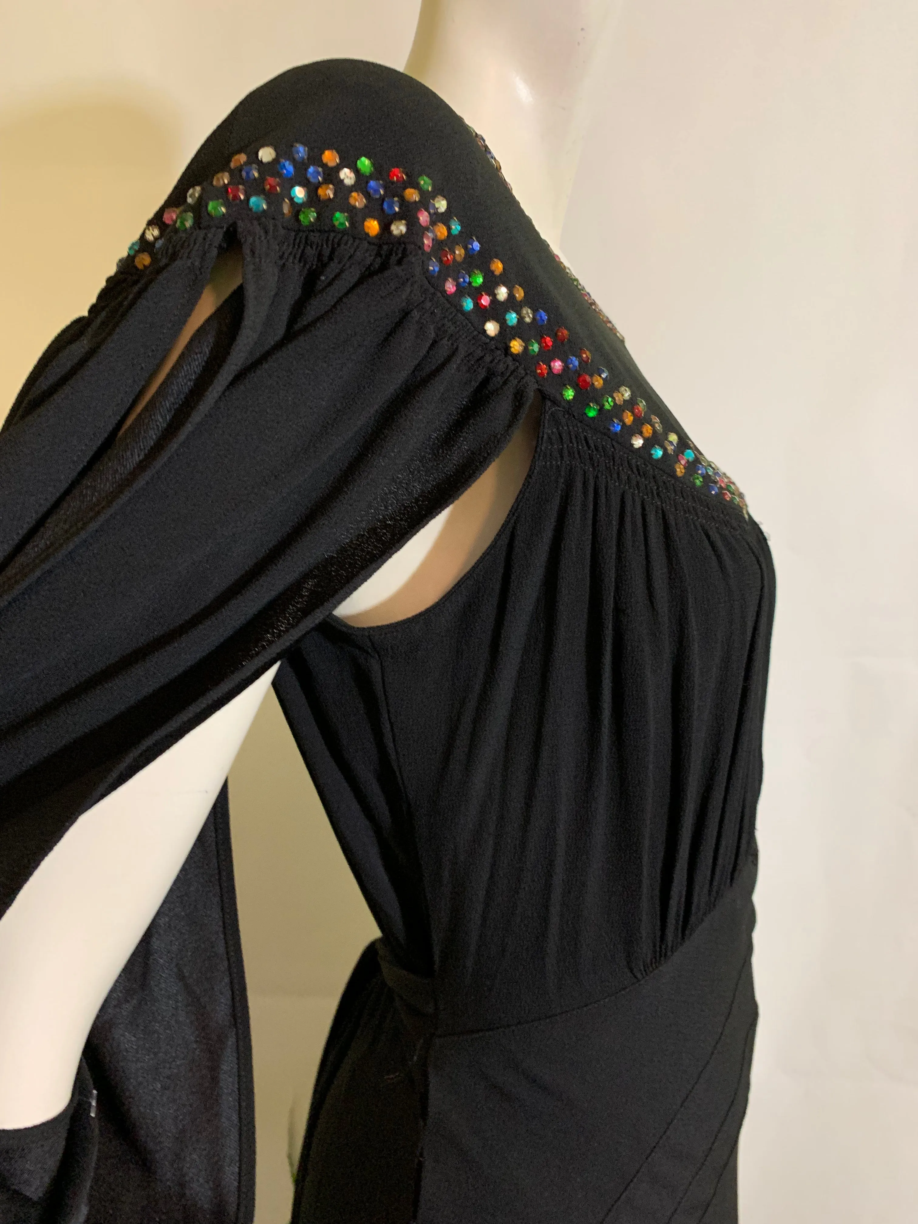 RESERVED Rainbow Vamp! Black Crepe Evening Gown with Rainbow Rhinestones and Side Slit Sleeves and Back circa 1930s