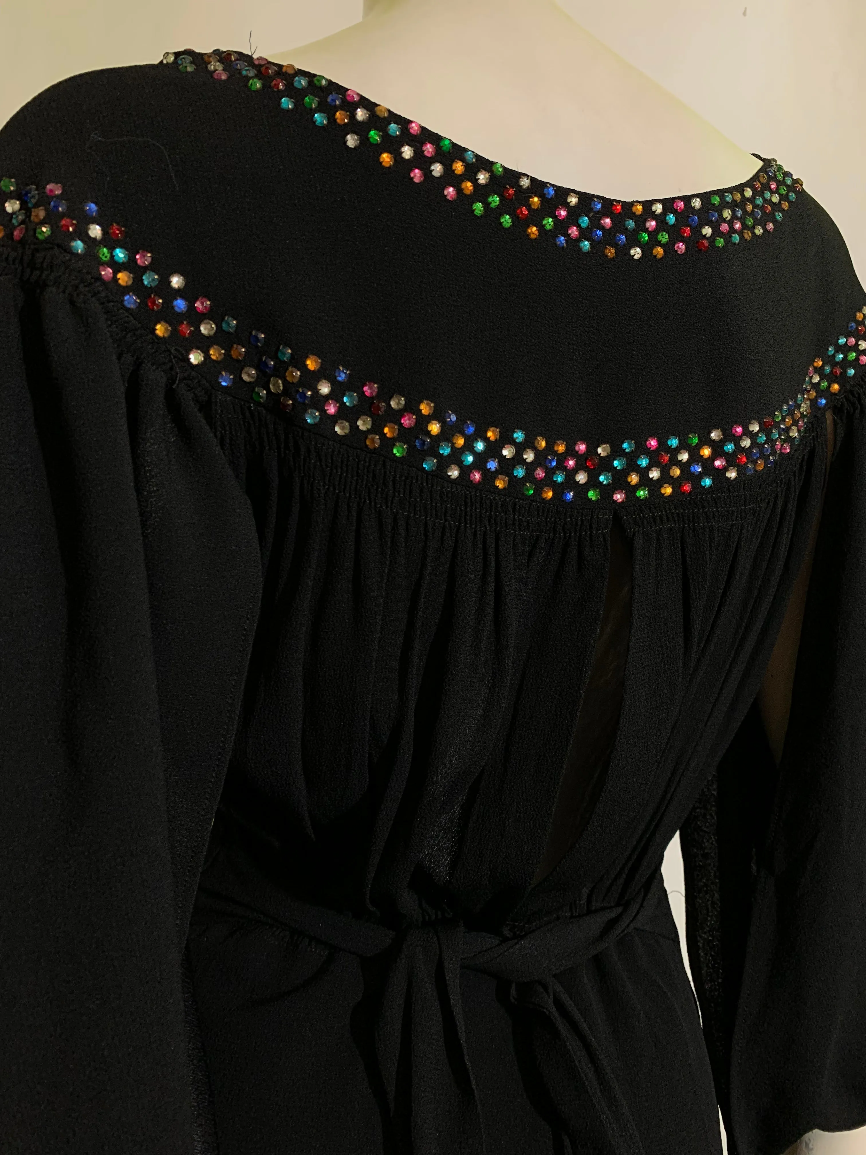 RESERVED Rainbow Vamp! Black Crepe Evening Gown with Rainbow Rhinestones and Side Slit Sleeves and Back circa 1930s