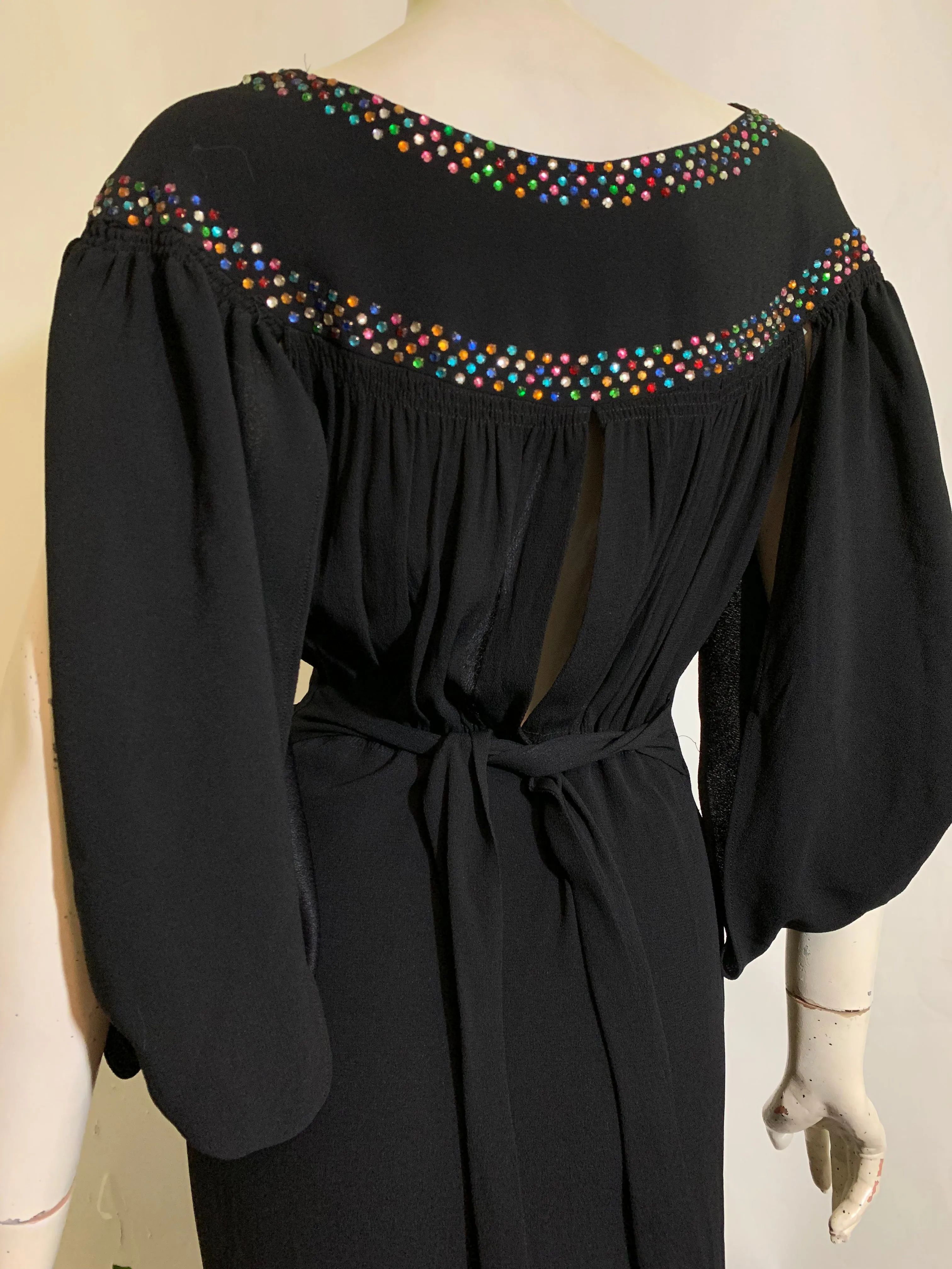 RESERVED Rainbow Vamp! Black Crepe Evening Gown with Rainbow Rhinestones and Side Slit Sleeves and Back circa 1930s