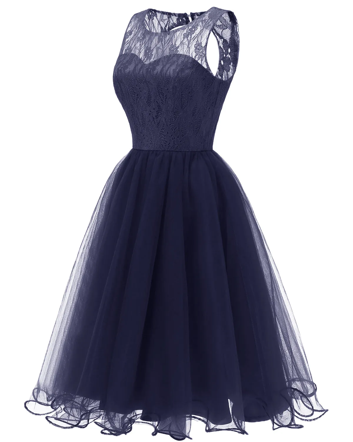 Retro Modest Navy Blue Lace Tulle Cocktail Dress Short Vintage Homecoming Dress