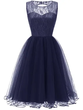 Retro Modest Navy Blue Lace Tulle Cocktail Dress Short Vintage Homecoming Dress