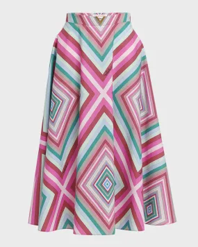 Rhombus Print Popeline Midi Skirt