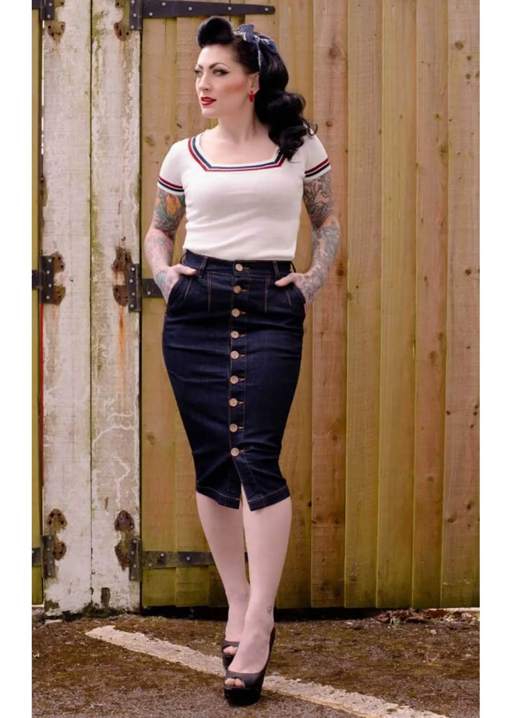 Rumble59 Second Skin Jeans 50's Pencil Skirt Denim Navy