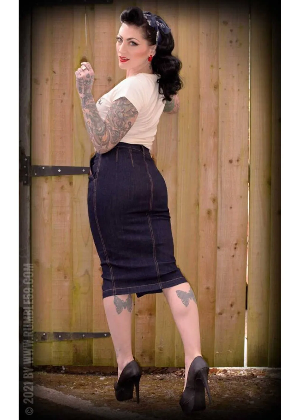 Rumble59 Second Skin Jeans 50's Pencil Skirt Denim Navy