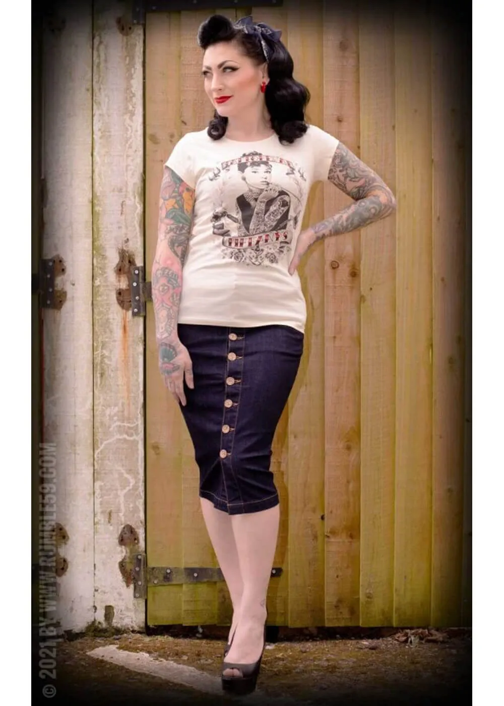 Rumble59 Second Skin Jeans 50's Pencil Skirt Denim Navy