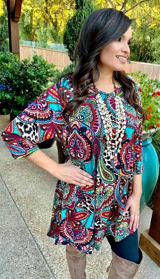 S/ M : Turquoise Multi Paisley & Leopard Flutter Tunic