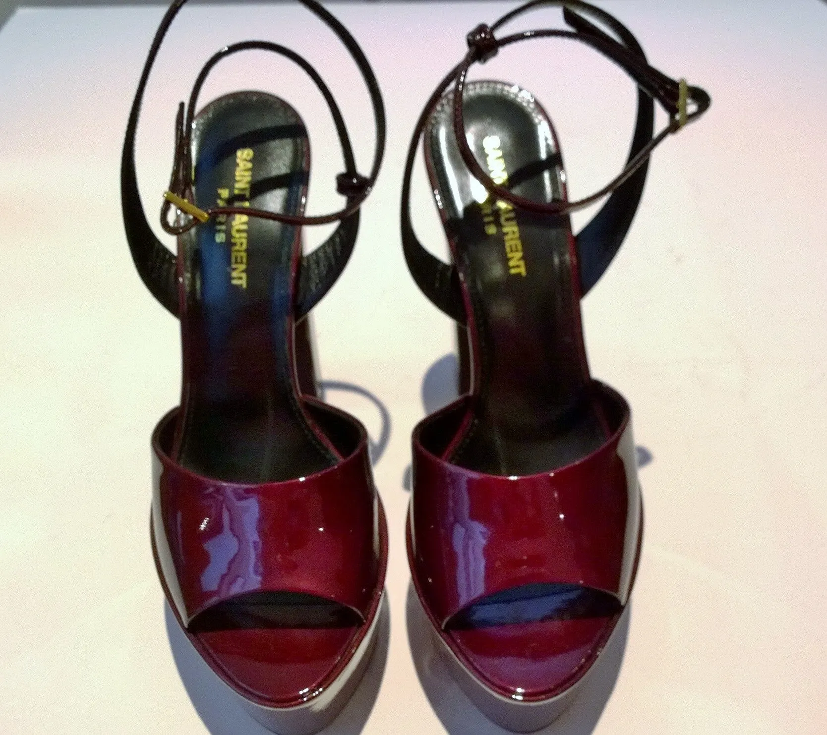 Saint Laurent Jodie Sparkling Burgundy Patent Platform Sandals Heels