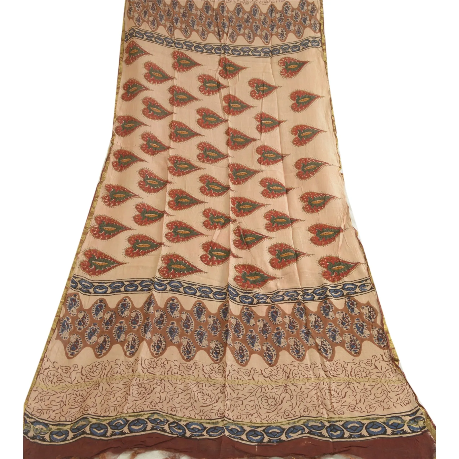 Sanskriti Vintage Beige Long Dupatta Stole Pure Silk Hand-Block Printed Hijab