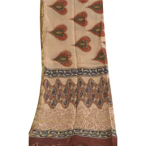 Sanskriti Vintage Beige Long Dupatta Stole Pure Silk Hand-Block Printed Hijab