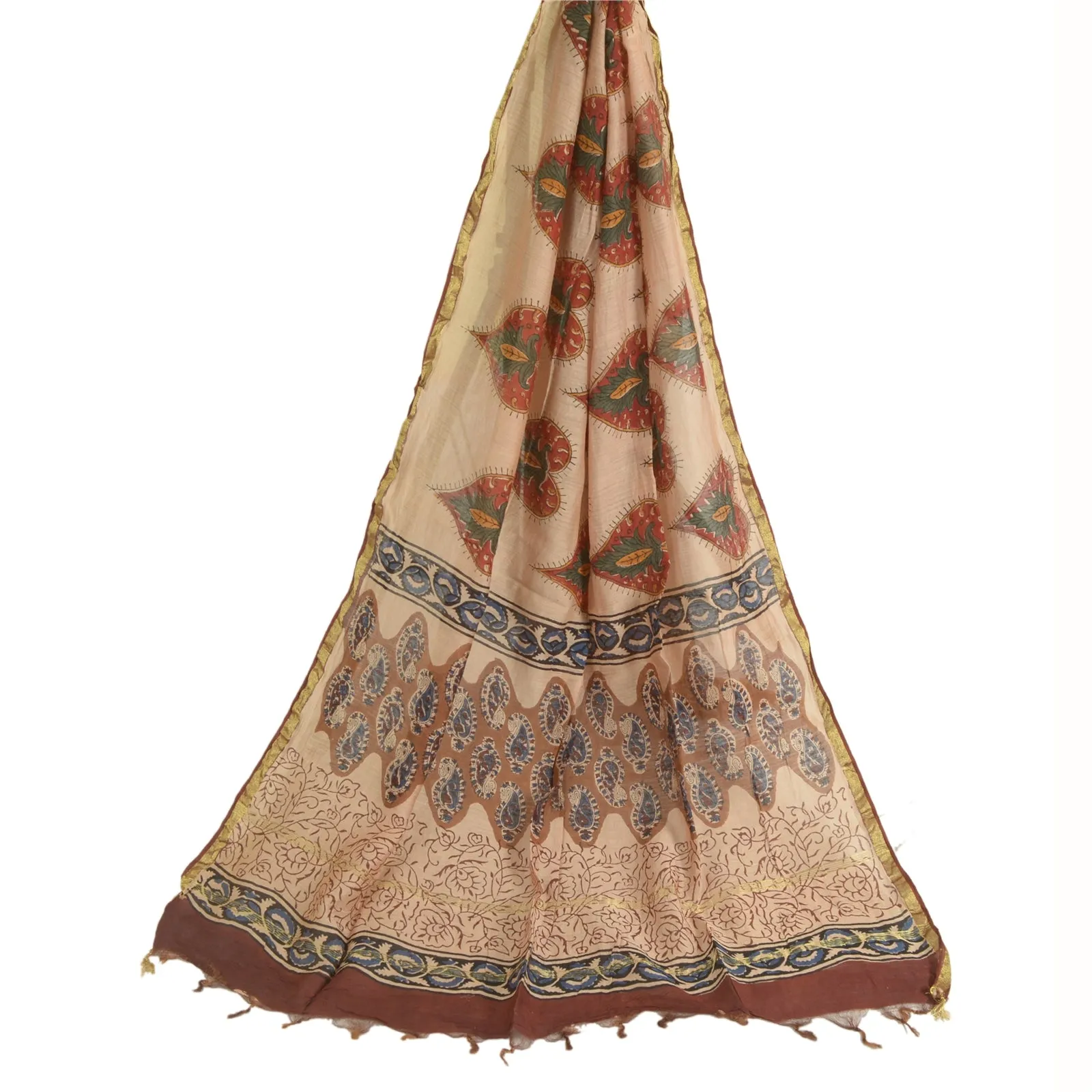 Sanskriti Vintage Beige Long Dupatta Stole Pure Silk Hand-Block Printed Hijab