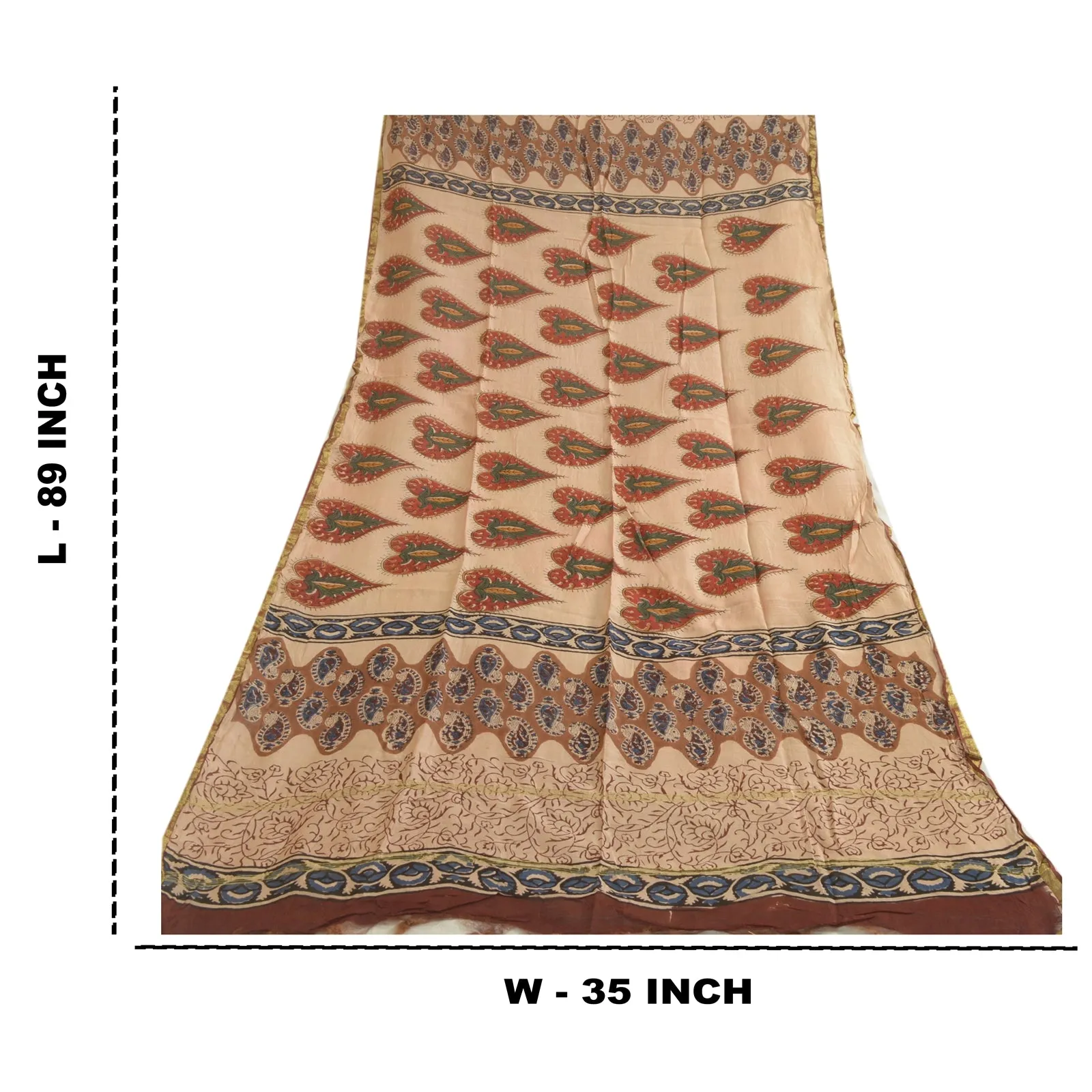 Sanskriti Vintage Beige Long Dupatta Stole Pure Silk Hand-Block Printed Hijab