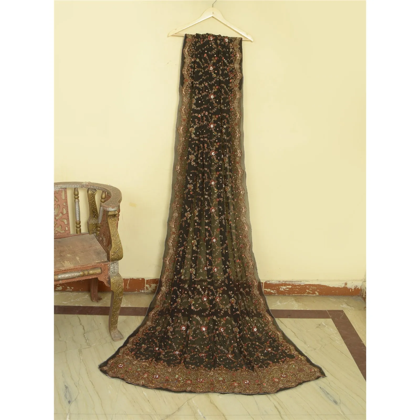 Sanskriti Vintage Black Dupatta Pure Georgette Silk Hand Beaded Wedding Stole