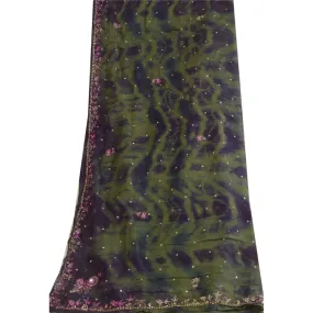 Sanskriti Vintage Dupatta Long Stole Pure Chiffon Silk Green Hand Beaded Tie-Dye