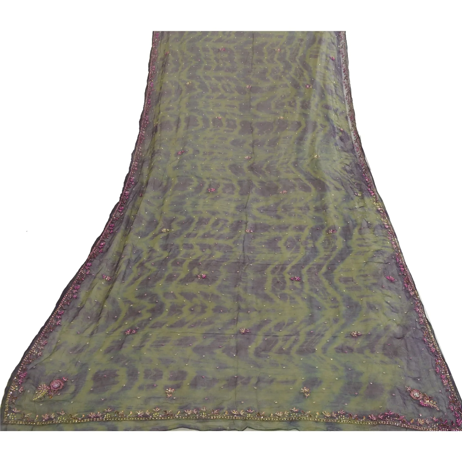 Sanskriti Vintage Dupatta Long Stole Pure Chiffon Silk Green Hand Beaded Tie-Dye