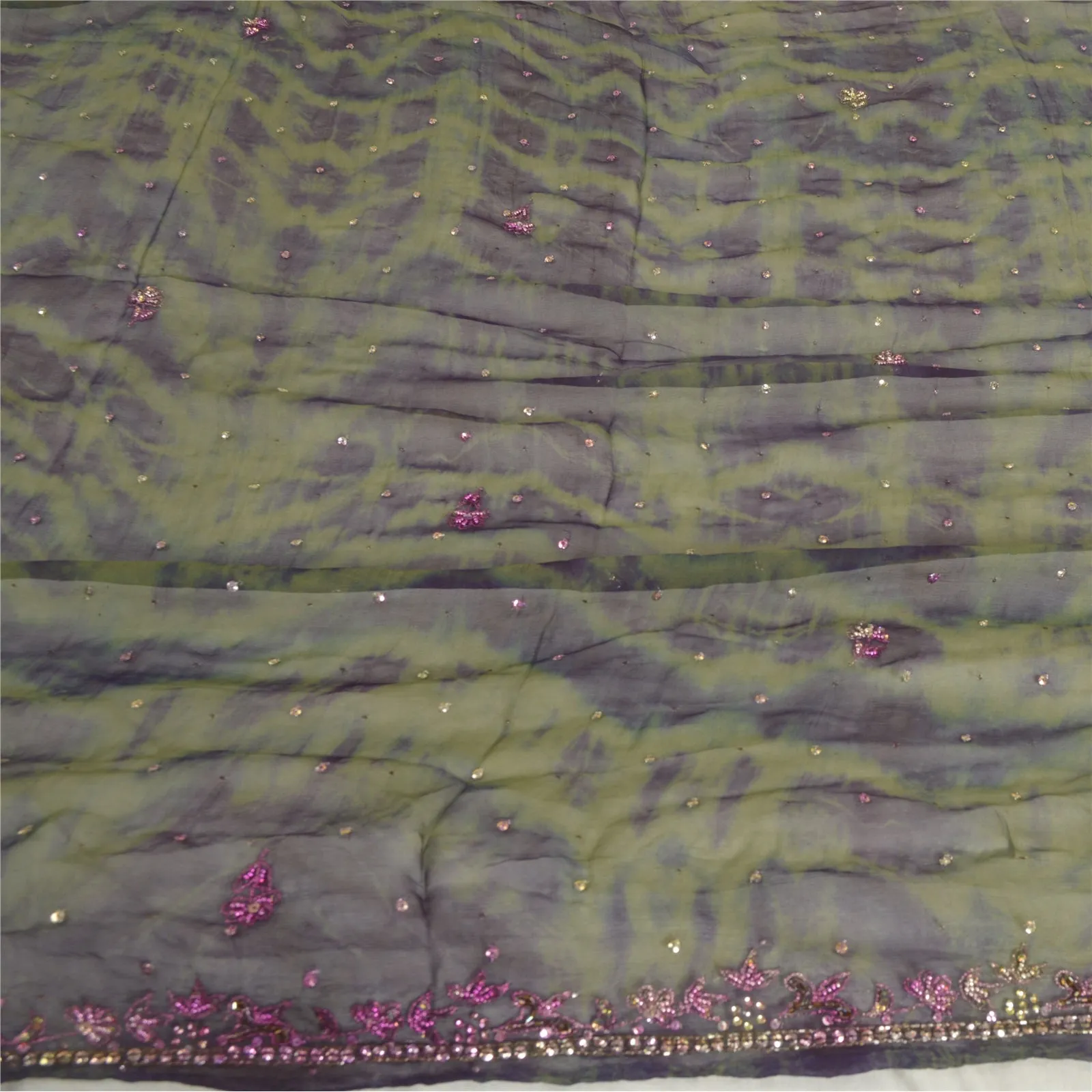 Sanskriti Vintage Dupatta Long Stole Pure Chiffon Silk Green Hand Beaded Tie-Dye