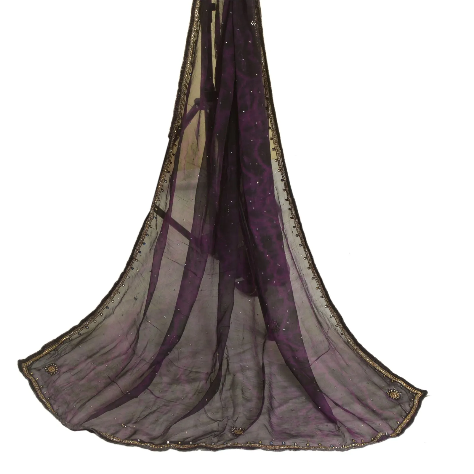 Sanskriti Vintage Dupatta Long Stole Pure Chiffon Silk Purple Handmade Tie-Dye