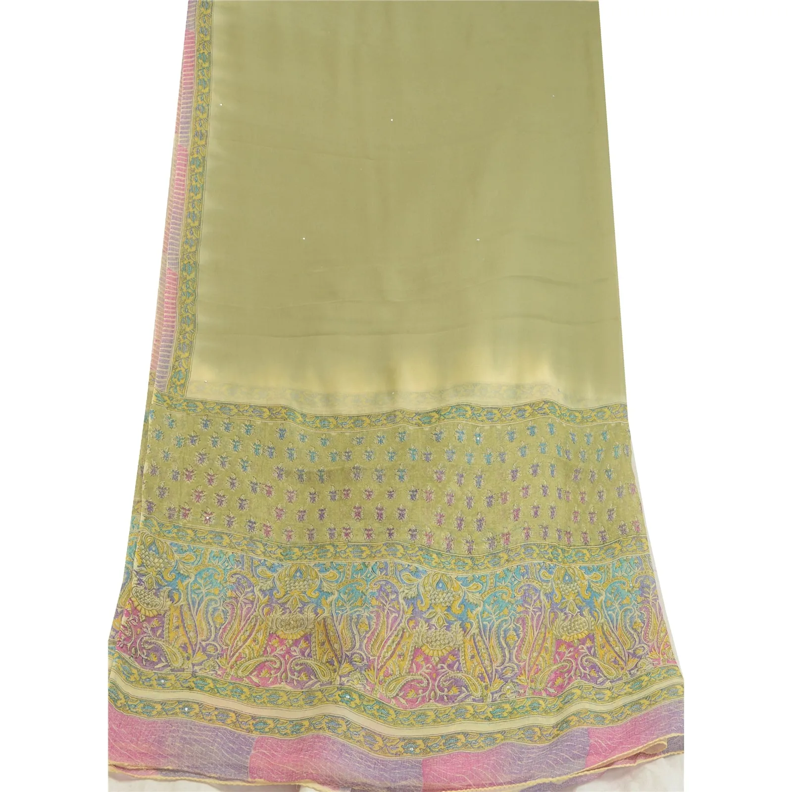 Sanskriti Vintage Green/Pink Long Dupatta/Stole Pure Georgette Silk Printed Veil